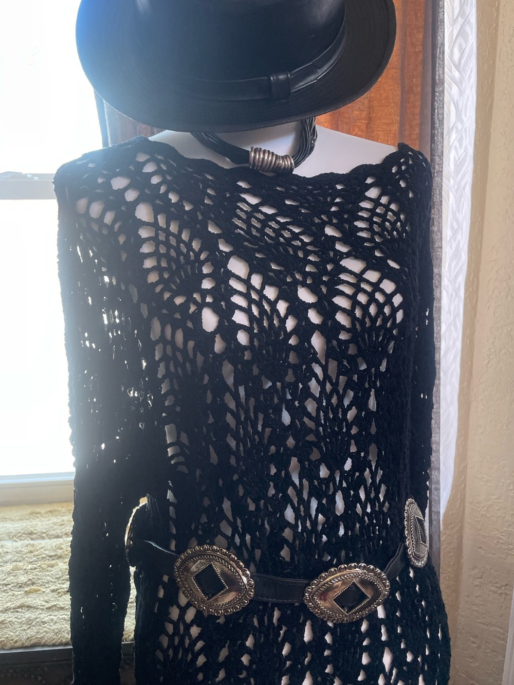 Vintage 90’s Boho Grunge Gothic Black Crochet Open-Knit Sweater Top dress Med - Picture 10 of 10